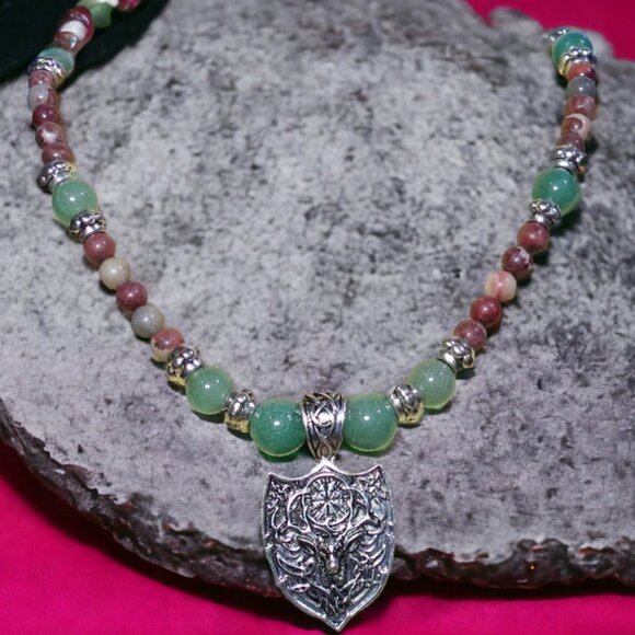 NEW Handmade Stag Deer Necklace with Green and Brown Gemstone Beads. - Picture 5 of 7